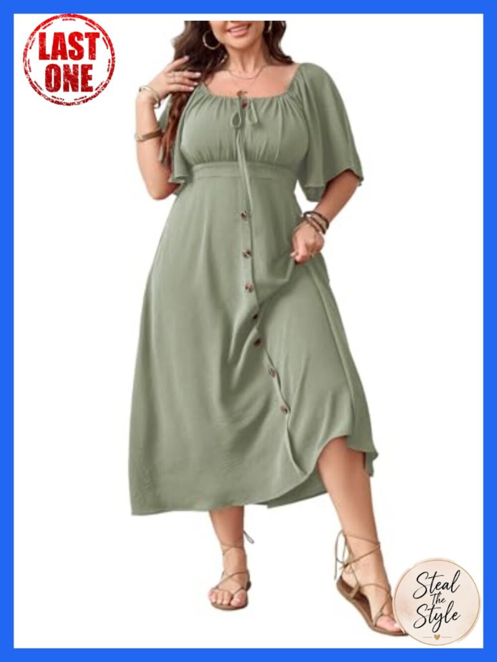 Sage Green Boho Plus Size Maxi Dress Square Neck Bell Sleeve Smocked Back Tie - Picture 1 of 6